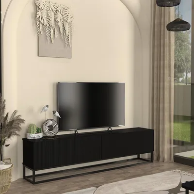 Produktbild von TV-Lowboard 'Verpsboga' mit 2 Klapptüren langes Gestell 180 x 32 x 47 cm Schwarz