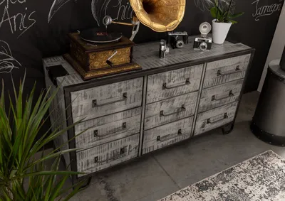 Produktbild von MASSIVMOEBEL24 Sideboard Mango 150x45x80 grau lackiert HEAVY INDUSTRY #118