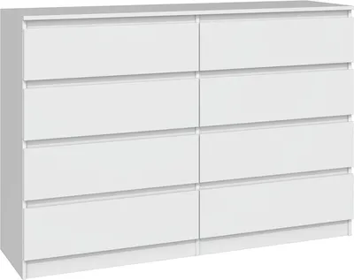 A white dresser with eight drawers against a white background.