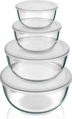 Produktbild von Arendo Salatschüssel mit Deckel, Set, 4x Glasschüsseln 0,7L, 1,1L, 2,7L & 4,4L, Glas Rührschüssel, Glas, (4er Set, 4-tlg), Glasschale, BPA-frei, spülmaschinengeeignet & mikrowellengeeignet