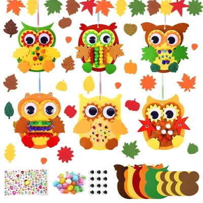 Produktbild von Bastelset Eule Herbst Filz 6 Stück für Kinder DIY Deko mit Ahornblatt
