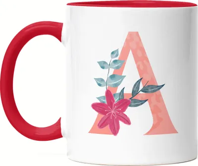 Produktbild von Buchstaben-Tasse A Tasse Rot mit Buchstabe Alphabet Monogramm Blumenmotiv Geschenkidee Anfangsbuchstabe