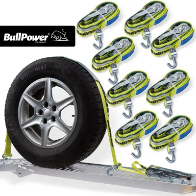 Produktbild von 8x BullPower Spanngurte AZG254 - Autotransport PKW Zurrgurte Reifengurte Transportsicherungen - LC 5000 kg / daN mit Ratsche und Haken - 50mm breit