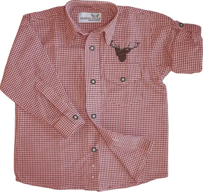 Herren Trachtenhemd in Rot-Grün kariert mit Hirschstickerei. Bequeme Baumwoll-Polyester-Mischung, lange Ärmel mit aufrollbaren Manschetten, durchgehender Knopfleiste – perfektes Oktoberfest-Hemd.