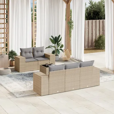 Produktbild von Design 6-tlg. Garten-Sofagarnitur mit Kissen Beige Poly Rattan, Gartenmöbel-Sets 2024 Neu
