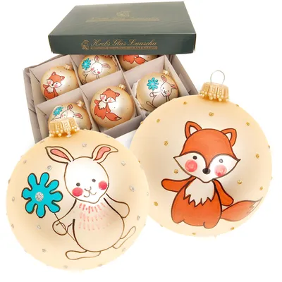 6 glazen kerstballen, goudbeige met vos en haas, 8 cm