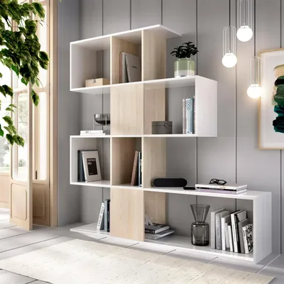 Produktbild von Buchhandlung Dmagon, Bücherregal mit 7 Fächern, Modernes Büroregal, Schrankwand mit Regalen, 145x29h145 cm, Weiß und Eiche