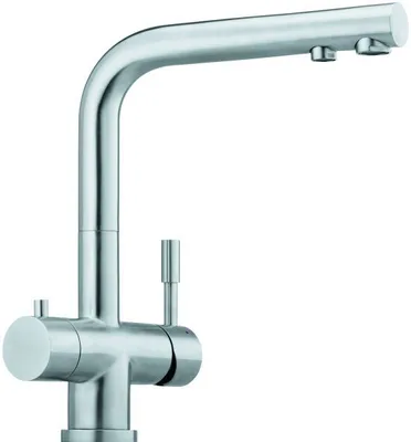 A studio shot of a silver faucet on a white background.