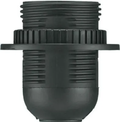 A black plastic lamp holder with threaded top and ribbed body.
