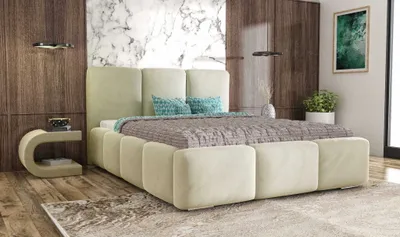 Zdjęcie produktu dla Łóżko tapicerowane AGMAT ROYAL z wezgłowiem, 180 x 200 cm, łóżko podwójne z podstawą łóżka i stelażem z listew metalowych, tkanina welurowa, kolor: beżowy