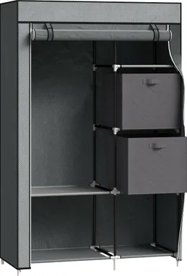 Produktbild von Fortuna Lai Stoffschrank Faltschrank mit Schubladen und Kleiderstange Dunkelgrau mit Reißverschluss aus Vliesstoff für platzsparende Aufbewahrung