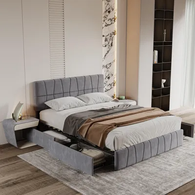Zdjęcie produktu dla Łóżko tapicerowane Fortuna Lai 160x200 cm, podwójne łóżko wykonane z drewna z ramą z listew, 4 szufladami i aksamitnym pokryciem, funkcjonalne łóżko i schowek w kolorze szarym