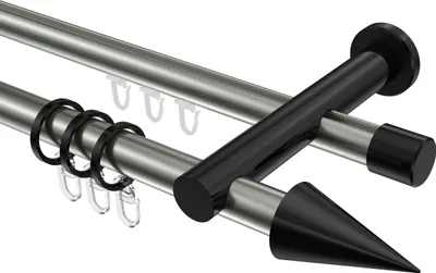 Produktbild von Interdeco Rundrohr-Innenlaufstange / Gardinenstange (Kombination) Edelstahl-Optik / Schwarz, Typ Platon Savio (Kegel), 20 mm Ø 2-läufig, 400 cm