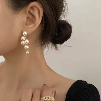 Produktbild von Paar baumelnde Ohrringe, geometrische Kunstperlen, Schmuck, französischer Stil, galvanisierte Ohrringe für Hochzeit, Party, Bankett, Abschlussball