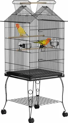 Obrázek produktu pro UISEBRT Ptačí klec se stojanem pro andulky, 55 x 55 x 145 cm, ptačí voliéra s otevírací střechou, klec pro papoušky s krmítkem a dřevěným bidýlkem