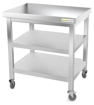 Productafbeelding van Werkblad van roestvrij staal, 700 x 600 mm, met 2 wielen en 2 planken, PREMIUM - GOLDINOX
