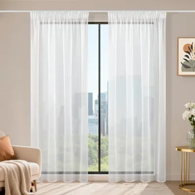 Zdjęcie produktu dla Zasłony 220 x 140 cm, zestaw 2 sztuk, białe, przezroczyste, taśma marszcząca, do salonu