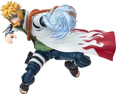 An action figure of Minato Namikaze from Naruto Shippuden, posed in an action stance with a swirling blue energy effect around his hand.