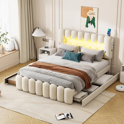 A bedroom scene featuring a bed with LED lighting, nightstands, and a lamp.