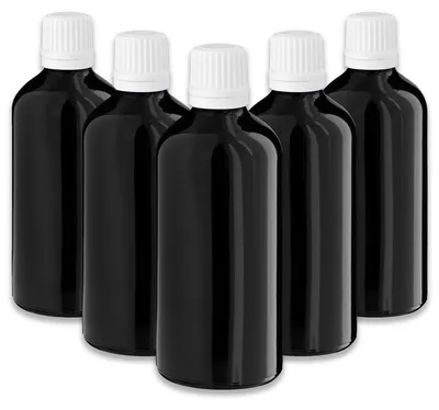 Produktbild von 5x Schwarze Glasflasche 100 ml mit weißem Tropfer leere Tropfflasche