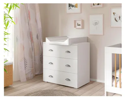 Produktbild von Wickelkommode, Baby Kommode mit 3 Schubladen, Schubladenkommode mit Wickelaufsatz, Kinderzimmer Möbel, Viel Stauraum, Mia 72x80x90 cm Weiß Matt