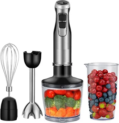 Image de Happyment Ensemble mixeur plongeant 4 en 1 - mixeur à main 1200W avec hachoir, fouet et bol doseur - 6 vitesses - acier inoxydable