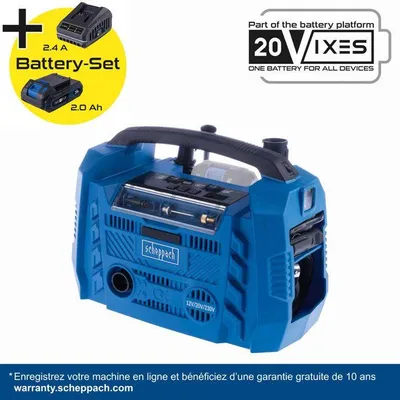 Image de Compresseur sans fil Airforce 6 - pression max 10,3bars - 6 accessoires inclus - SCHEPPACH 20V IXES - Batterie 2Ah + chargeur 2.4A