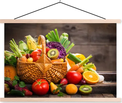 Produktbild von MuchoWow® Textilposter Obstkorb - Obst - Gemüse 60x40 cm mit holzfarbenen Rahmen - Bilder