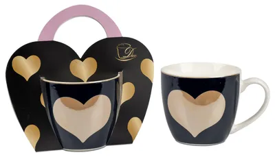 Produktbild von Becher Herzen schwarz gold für 450ml aus Porzellan in Herz Geschenkbox Formano W
