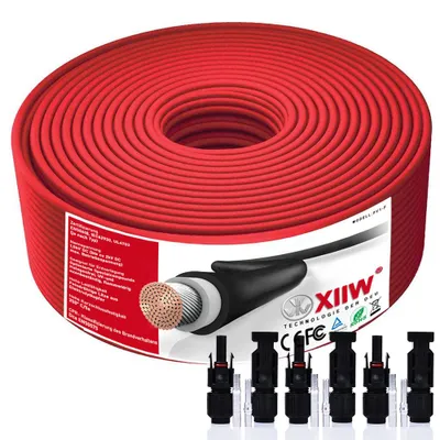 Zdjęcie produktu dla Kabel solarny, 10 mm², 25 metrów, do paneli słonecznych/fotowoltaicznych, przewód przedłużający, odporność 1800V, IP67, do zastosowań zewnętrznych i podziemnych, czerwony. Zawiera 3 pary złączek słonecznych 60A oraz przewód miedziany
