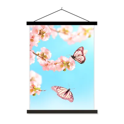 Produktbild von MuchoWow® Textilposter Schmetterlinge - Baum - Blumen 90x120 cm mit schwarzem Rahmen - Dekoration