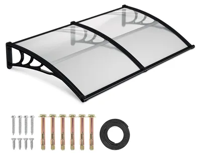 Zdjęcie produktu dla Peviasot, daszczyk nad drzwi wejściowe z rynną, 200 x 100 cm, wykonany z poliwęglanu, kolor czarny/przezroczysty, do drzwi i okien