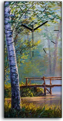 Produktbild von Wanduhr Uhr Wandbild Leinwand 30x60 Malerei Wald Bäume Fluss Brücke Natur - schwarze Hände