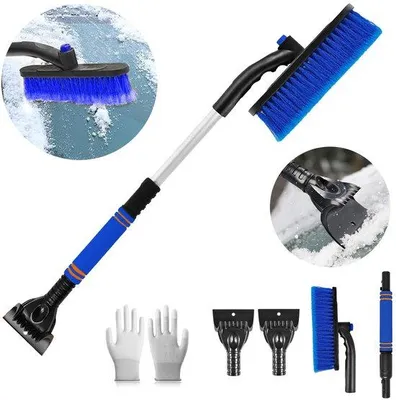 Obrázek produktu pro Uniqoos® Teleskopická smetka na sníh a odstraňovač ledu (56–71 cm) s ergonomickou pěnovou rukojetí, odnímatelná, šetrné štětiny a rukavice