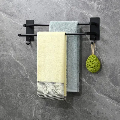 Productafbeelding van Handdoekhouder zonder boren, zwart, dubbel, 43,5 cm, roestvrij staal (SUS304), zelfklevende handdoekstang, plakbare handdoekhouder, wandmontage, geschikt voor badkamer en keuken