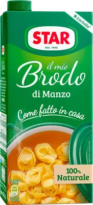 A carton of Star brand beef broth with tortellini.