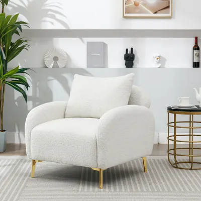 Obrázok produktu pre Merax Čalúnené kreslo so zlatými kovovými nohami a zadnými vankúšmi, Teddy Velvet Relax Chair Lounger Single Lounge Sofa, biele
