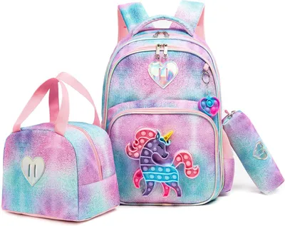 Image de Ensemble 3-en-1 pour sac à dos scolaire pour filles, comprenant une boîte à lunch et une trousse, idéal pour l'école