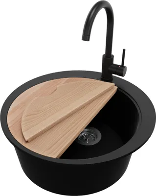 Produktbild von PRIMAGRAN Granitspüle Schwarz 53x53cm, Spülbecken Rund 1 Becken + Ablauf-Set + Küchenzubehörset, Küchenspüle ab 50er Unterschrank - Pisa Max
