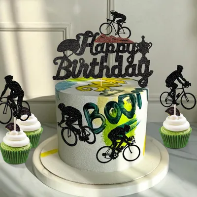 Immagine prodotto di Set per decorare torte a tema bicicletta, 13 pezzi, colore blu, con scritta "Buon Compleanno" e decorazioni per cupcake
