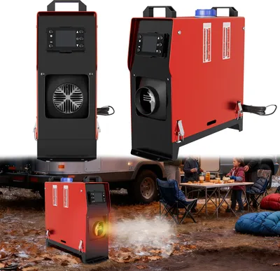 A collage of images showing a red diesel heater in different settings, including a close-up of the unit and a lifestyle shot of people using it outdoors.