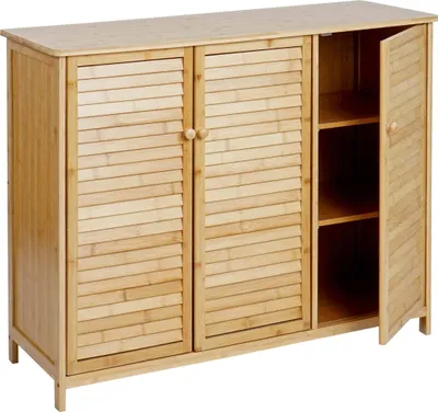 Zdjęcie produktu dla Kredens HWC-B18, komoda z szufladami, 3 drzwi bambus 81x97x34cm