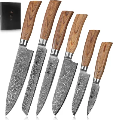 Produktbild von Wakoli Edib Pro 6er Damastmesser-Set I Holzbox I 8-20cm Klinge I Pakkaholzgriffe