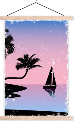 Produktbild von MuchoWow® Textilposter Boot - Palme - Nacht - Sommer 120x180 cm mit holzfarbenen Rahmen - Textil-Plakat