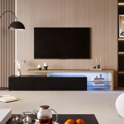 Produktbild von Moderner TV-Ständer mit dimmbaren LED-Leuchten, 3 Türen und Glasböden – Schwarz