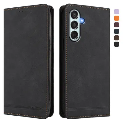 Image de Etui pour Samsung Galaxy M35 5G, étui rétro en cuirPolyuréthaneavec support et fentes pour cartes de crédit Noir