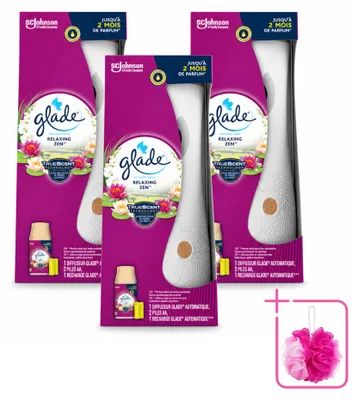 Zdjęcie produktu dla 3 sztuki zestawu startowego automatycznego sprayu Glade Relaxing Zen - 269 ml - zestaw ekonomiczny