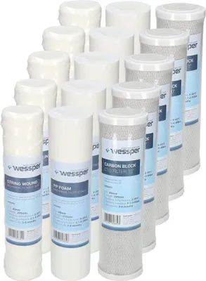 Produktbild von Wessper Set 15x vodný filter 10 palcov | Vodné filtre: 5x strunový filter, 5x penový filter, 5x vodný filter s aktívnym uhlím | Univerzálny vozík na vodný filter