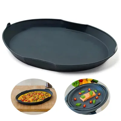 A collage of images showing a dark gray oval baking tray, a close-up of the tray with food inside, and a close-up of the tray with a piece of salmon and cherry tomatoes.