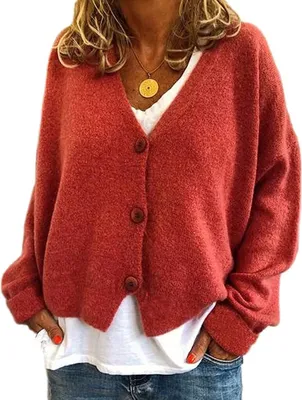 Produktbild von ASKSA Damen Strickpulli Lose Lässige Strickjacken V-Ausschnitt Einfarbig Knopf Strickjacke Pullover, Mandarine Rot, M